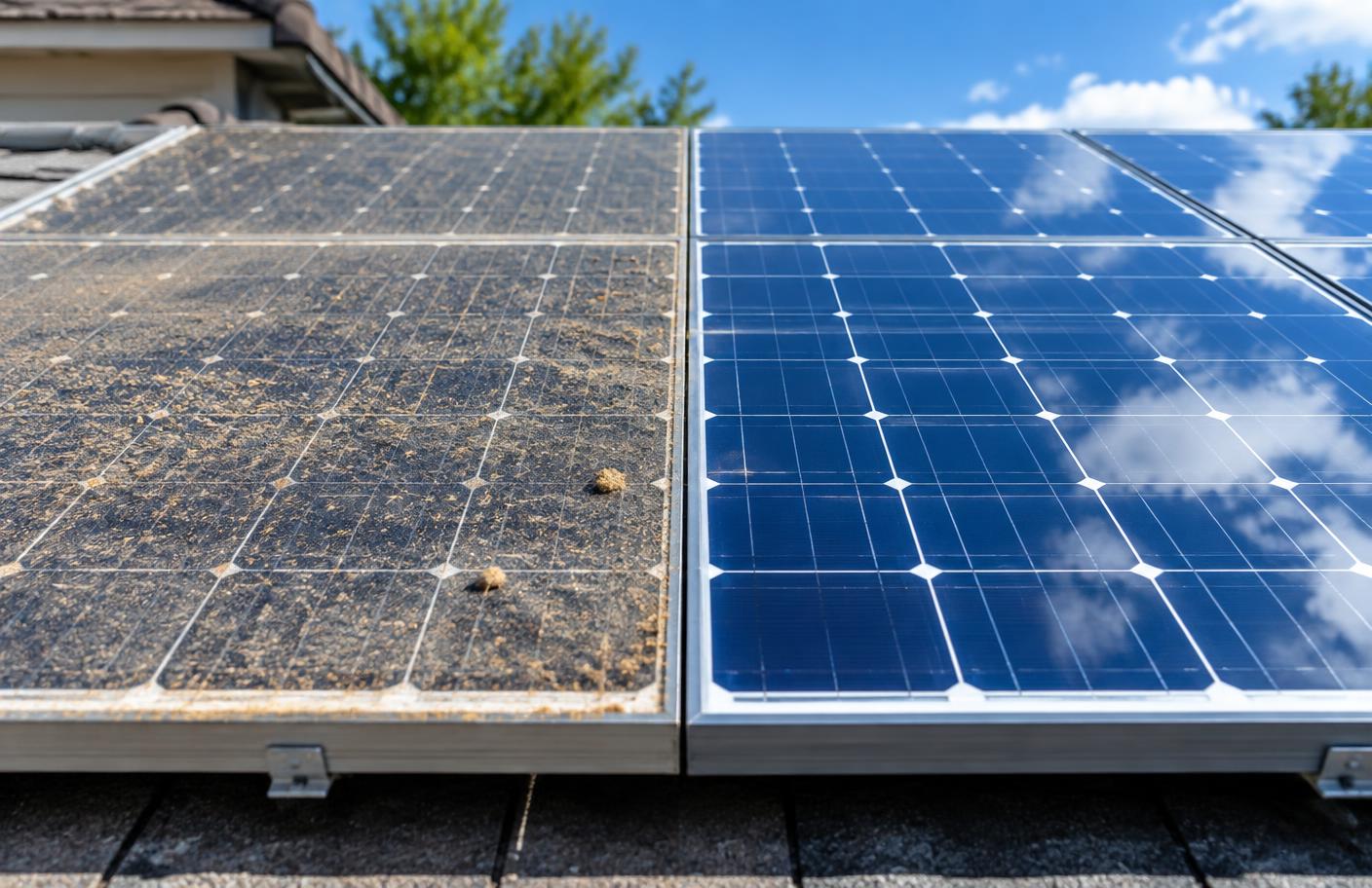Dusty solar panel beside a freshly cleaned solar panel